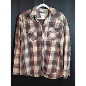 Wrangler Shirt Mens XL Brown Plaid Flannel Pearl Snap Wrancher Western Button Up